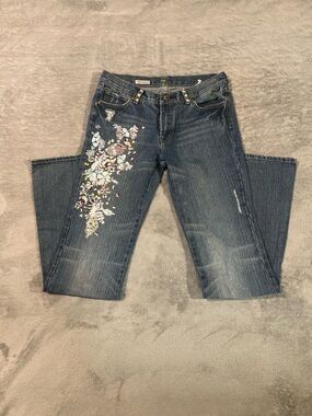 7 For All Mankind Dark Blue Bootcut Jeans with Floral Embroidery